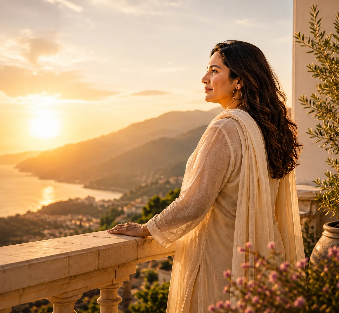 Woman looking out over the hills at golden hour